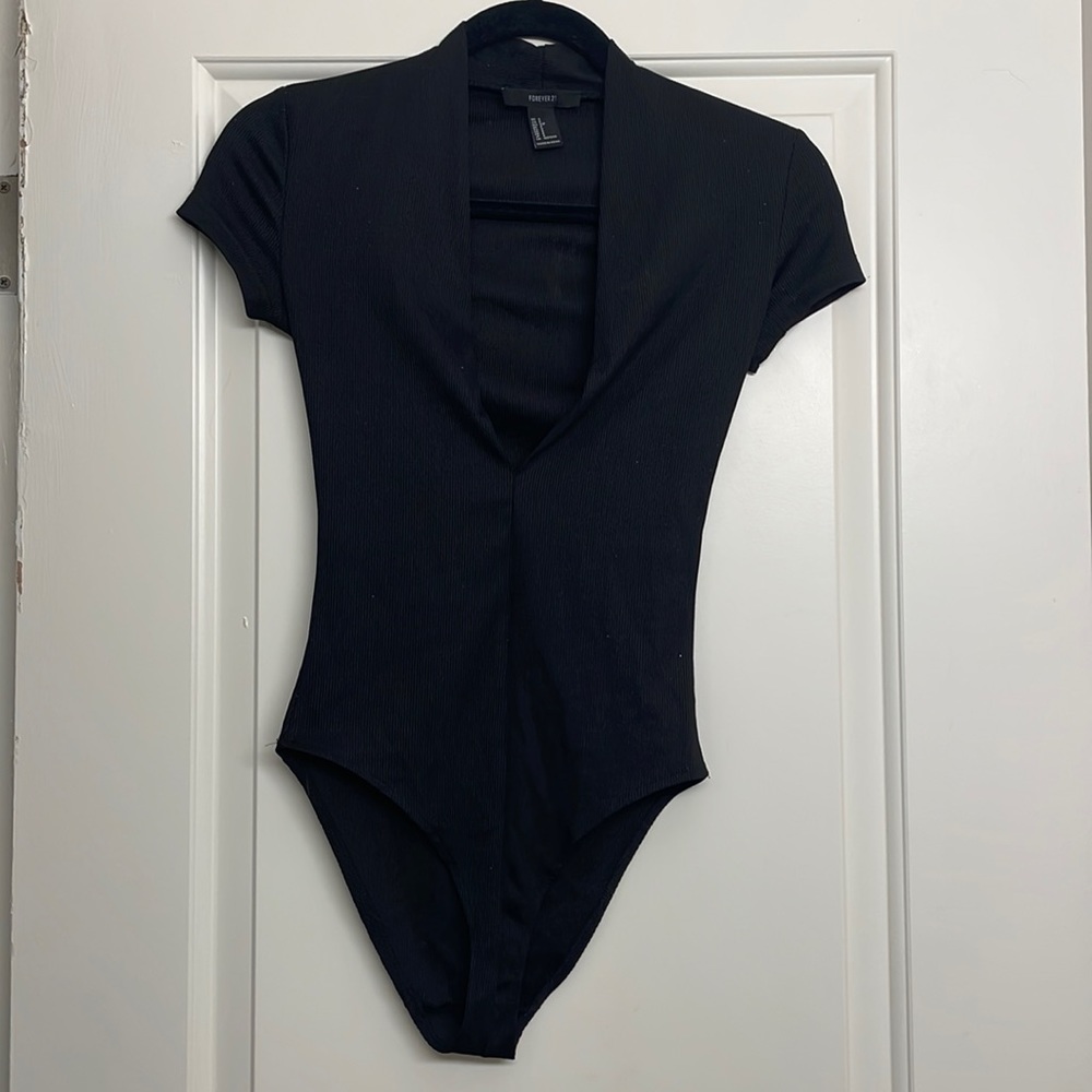 F21 Black Plunge V-Neck Bodysuit
